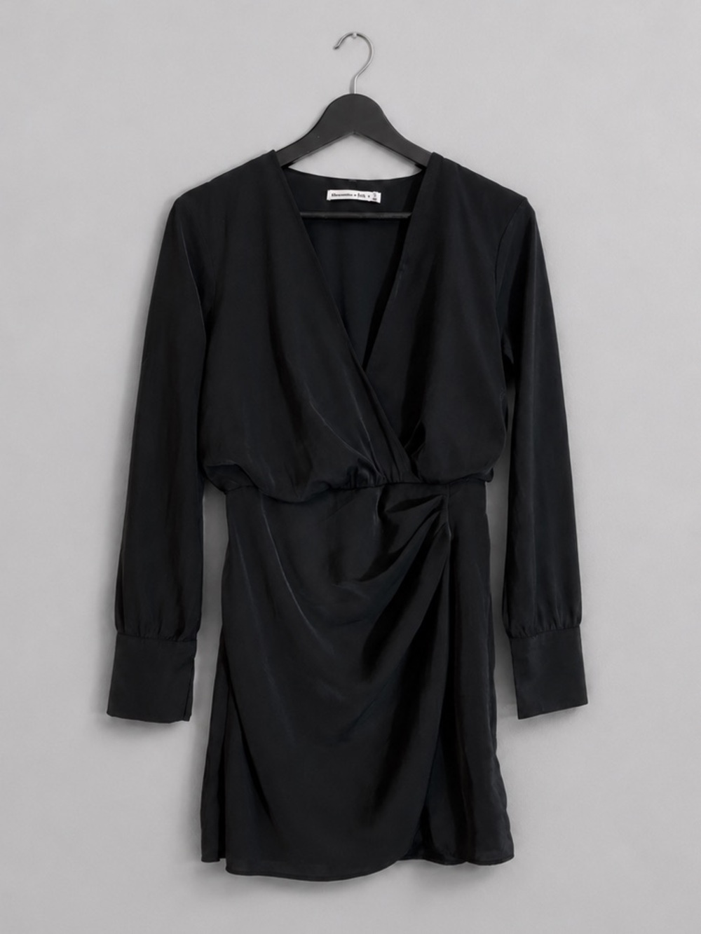 Abercrombie & Fitch Mini Dress Satin Draped Wrap Size S Black Long Sleeve LBD